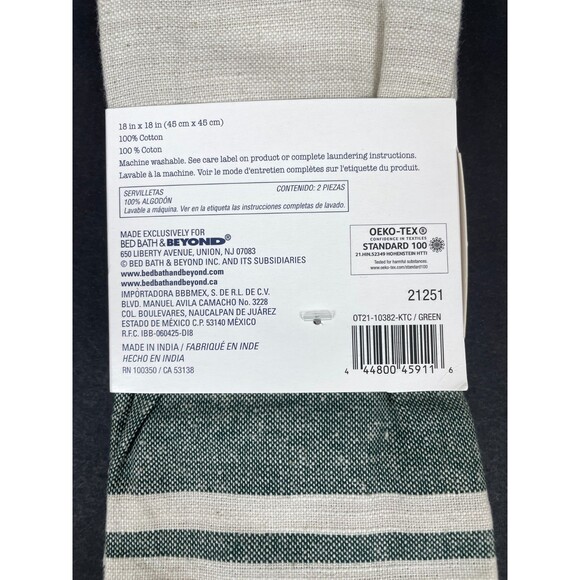 NWT Bed Bath Beyond Our Table Set of 2 Striped Cloth Cotton Napkins 18x18 Green - Picture 4 of 4